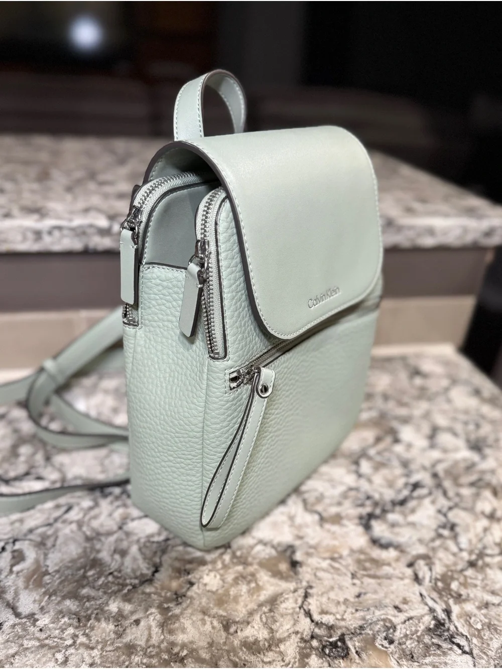 Calvin Klein Soft Mint Pebbled Leather Backpack. New without tags.